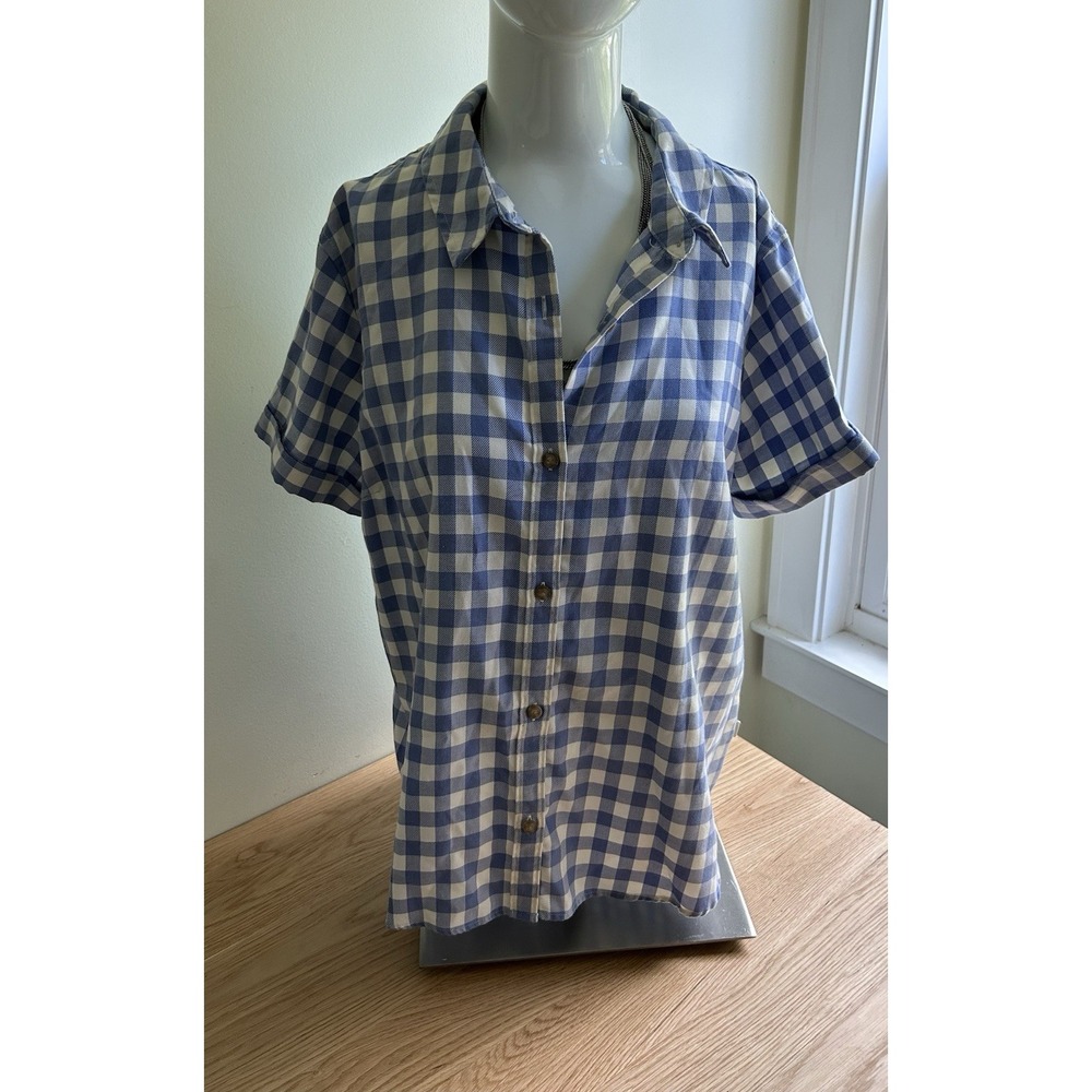 Classic Preppy LL Bean Womens Blue and White‎ Gingham Plaid Cotton Shirt Size L